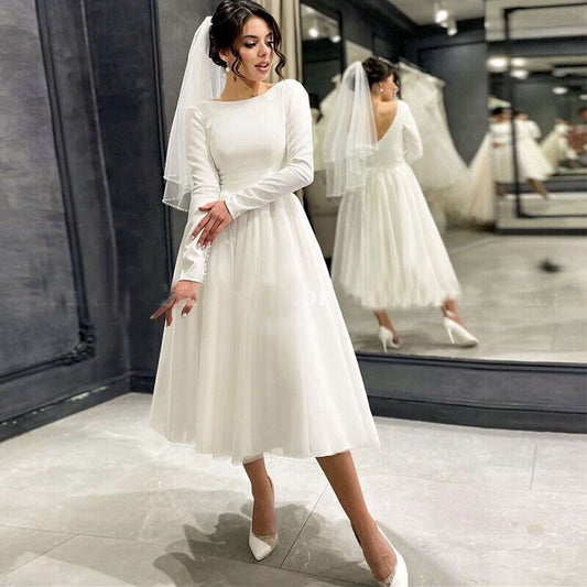 Gaya minimalis terbuka belakang leher tinggi a-line wedding gaun tulle teh panjang gaun pengantin gaun butang lengan baju vestidos