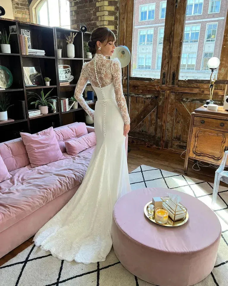 Elegant High Neck Mermaid Wedding Dress Long Sleeves Lace Illusion Button Bridal Gown Floor Length Vestidos De Novia Challoner 50cm