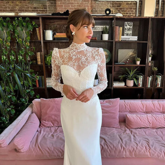 Elegant High Neck Mermaid Wedding Dress Long Sleeves Lace Illusion Button Bridal Gown Floor Length Vestidos De Novia Challoner