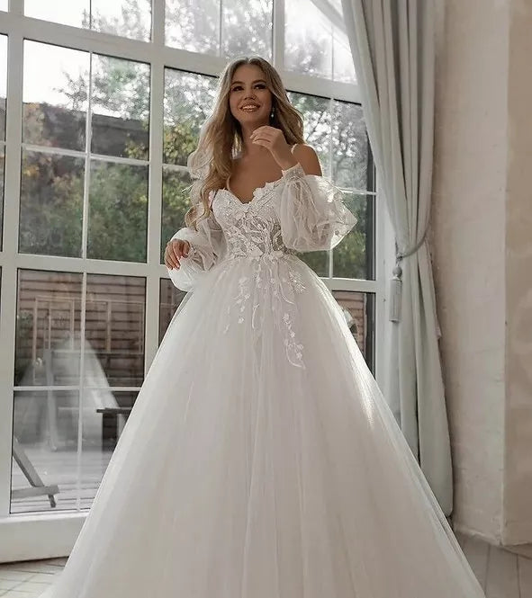 Mimpi di luar bahu renda glitter tulle gaun pengantin panjang lengan puff 3d bunga boho gaun pengantin vestidos de novia