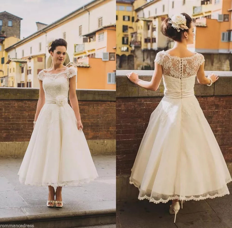 Vestidos de noiva do tornozelo dos anos 50 Centro de flor de jóia de jóia de jóia de laca de jóia uma linha de renda curta vestidos de noiva feitos personalizados feitos