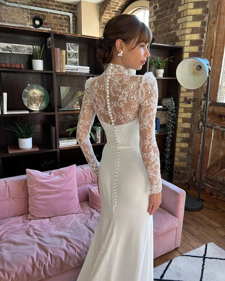 Gaun Perkahwinan Mermaid Tinggi Tinggi Tinggi Elegant Lengan Panjang Lace Ilusi Button Gaun Pengantin Lantai Lantai Vestidos de Novia Challoner