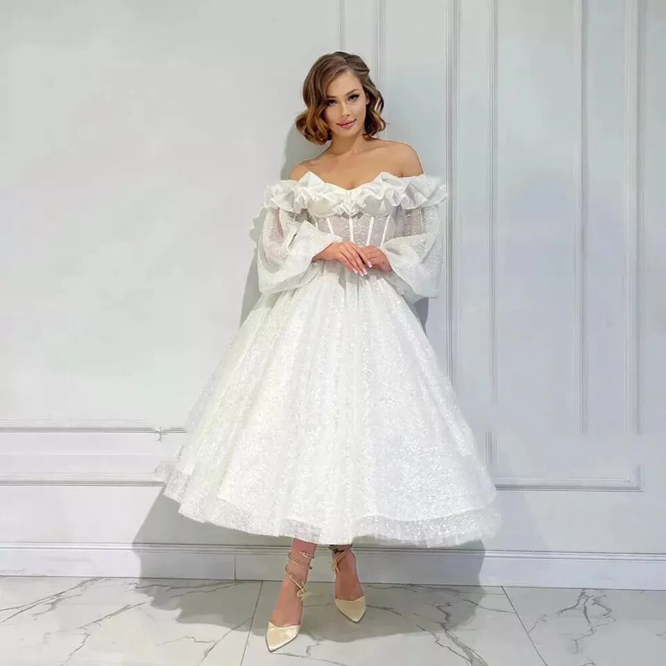 Gliter A Line Midi Wedding Dresses Off Shoulder Ruffles Long Puff Sleeves Bridals Party Dresses for Women Prom Ball Gowns White