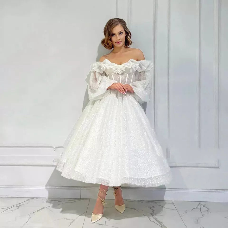 Gliter A Line Midi Wedding Dresses Off Shoulder Ruffles Long Puff Sleeves Bridals Party Dresses for Women Prom Ball Gowns