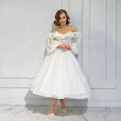 Gliter A Line Midi Wedding Dresses Off Shoulder Ruffles Long Puff Sleeves Bridals Party Dresses for Women Prom Ball Gowns