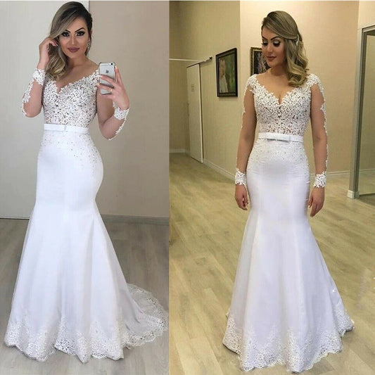 Vestidos De Novia De encaje De sirena 2 en 1, vestidos De Novia De manga larga, tren desmontable, apliques De tul hinchados, Vestido De Novia