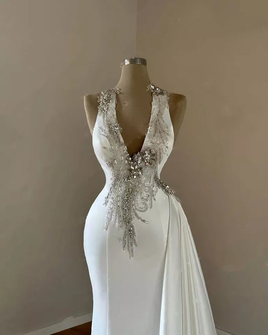 Exquisite V-Ausschnitt Meerjungfrau Brautkleider leuchten Applikationen Perlen ärmellose Falten Satin Reißverschluss Brautkleid Vestidos de Novia