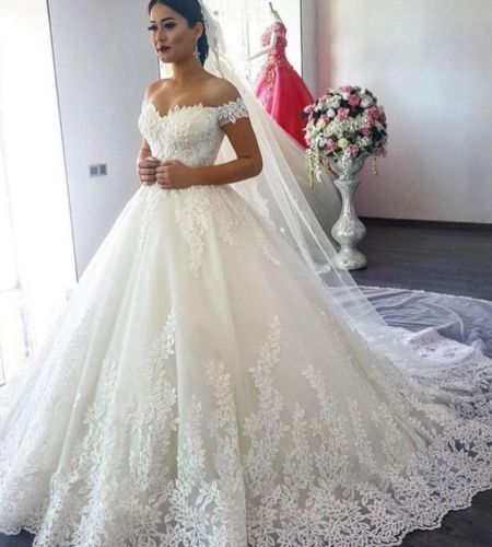 MYYBLE White Off the Shoulder Plus Size Vestido De Noiva Wedding Dress Train Custom Made Plus Size Bridal Tulle Mariage