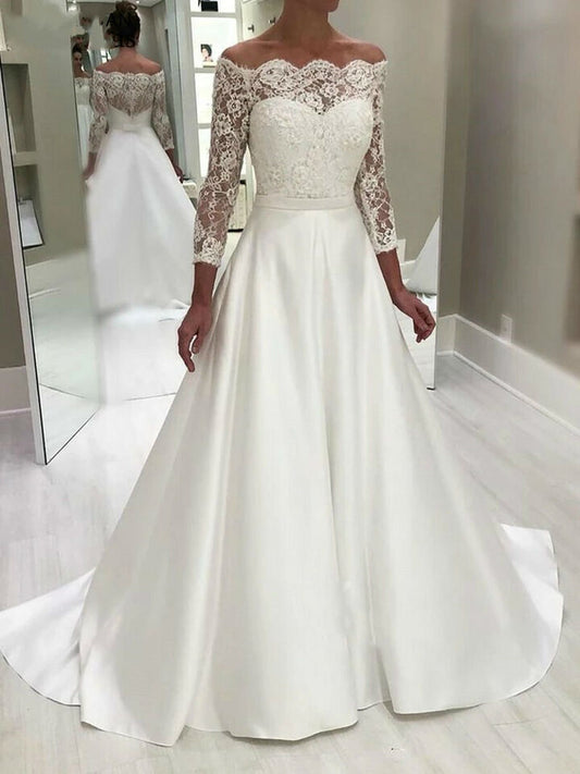 Vestidos De Novia clásicos De satén con hombros descubiertos, manga larga con botones en la espalda, vestidos De Novia, vestidos De Novia