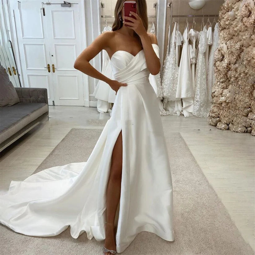 Luxury Solid Wedding Dresses One Shoulder Side Slit Satin A-Line Evening Prom Dress Shiny Off Shoulder Pleated Bride Gowns