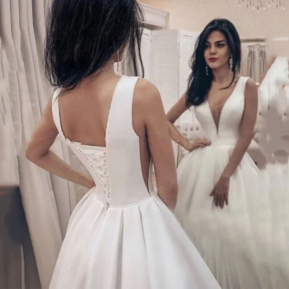 Vestido De Novia De satén elegante con cuello en V profundo bata De novia para ser Vestido largo De Novia Vestido De Novia