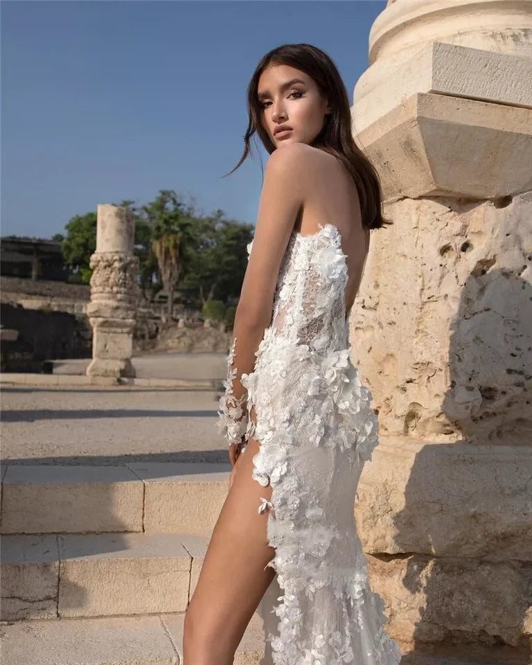 Vestido de novia de sirena de encaje moderno, vestidos de novia sexys con abertura lateral y espalda descubierta, vestidos de novia con apliques hasta el suelo