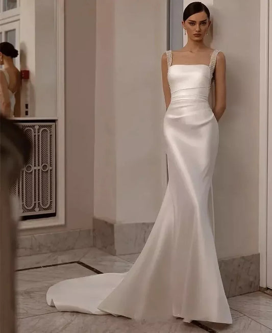 Gaun Perkahwinan Sederhana Satin Gaun Pengantin Seksi Kolar Square Backless Anggap untuk Parti Formal Elegant Vestidos de Novia