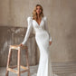 LoveDress Deep V-Neck Wedding Dresses Muslim Long Sleeve Lace Appliques Elegant Mermaid Bride Gown Spandex Button Sweep Trian