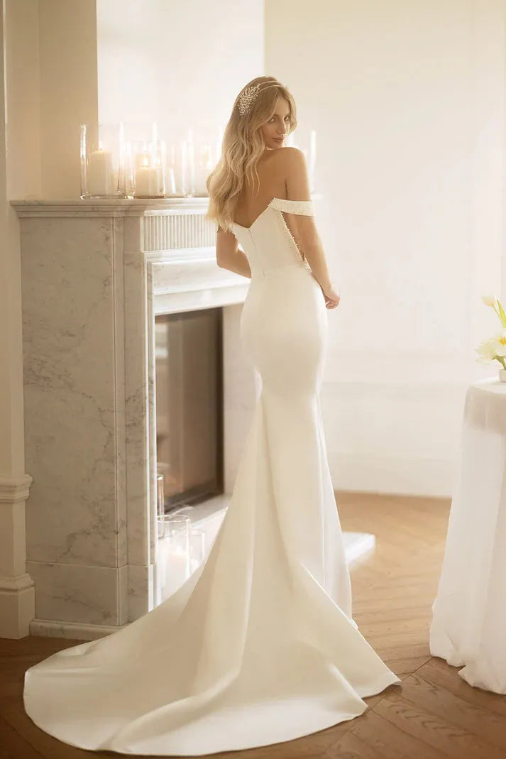 Elegant Simple Mermaid Wedding Dresses Off Shoulder Detachable Train Brides Dress Stain Pearls Bridal Gowns for Women Ivory