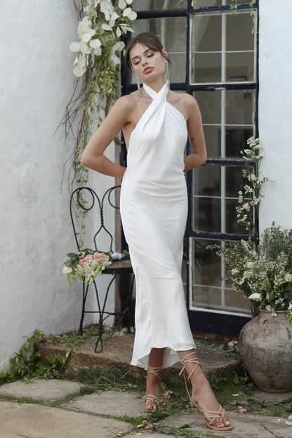 Vestidos De Novia De sirena sencillos, cruzados, con cuello Halter, elegantes, sin mangas, sin espalda, hasta el suelo, Vestidos De Novia