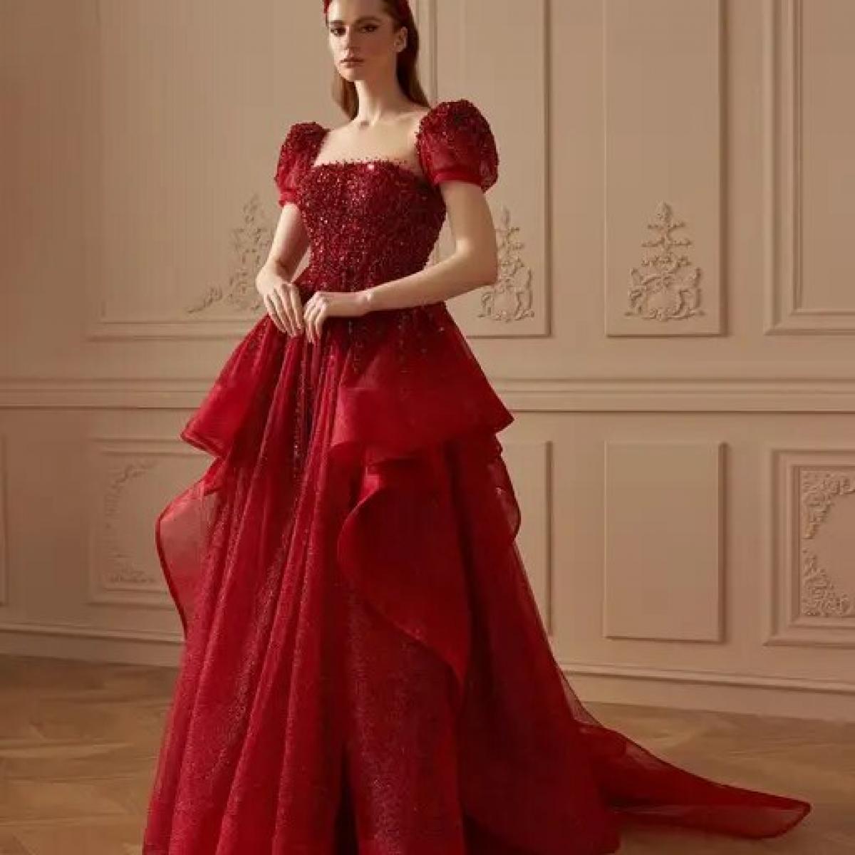 Red Glitter Wedding Dresses Square Collar Ruffles Prom Gowns Sequined Princess Bridals Evening Dress for Women with Train