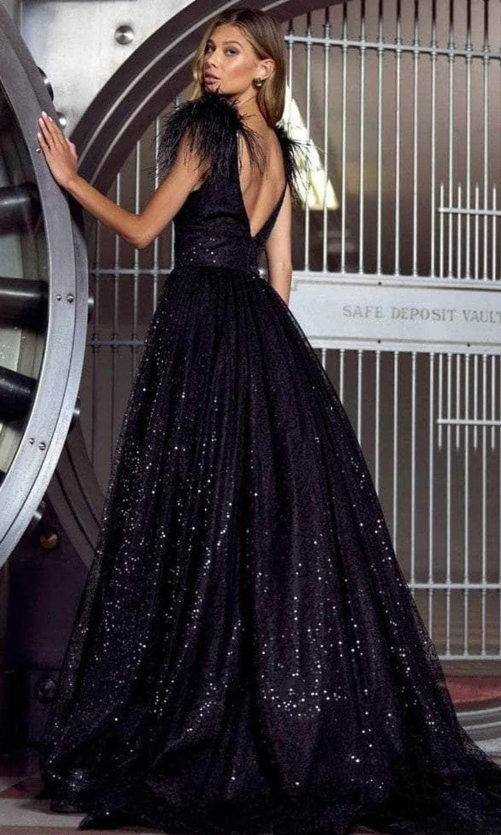 Black Glitter Sequins A-line Prom Dress Sexy Side High Split Tulle فساتين السهرة Backless Strapless Evening Dress