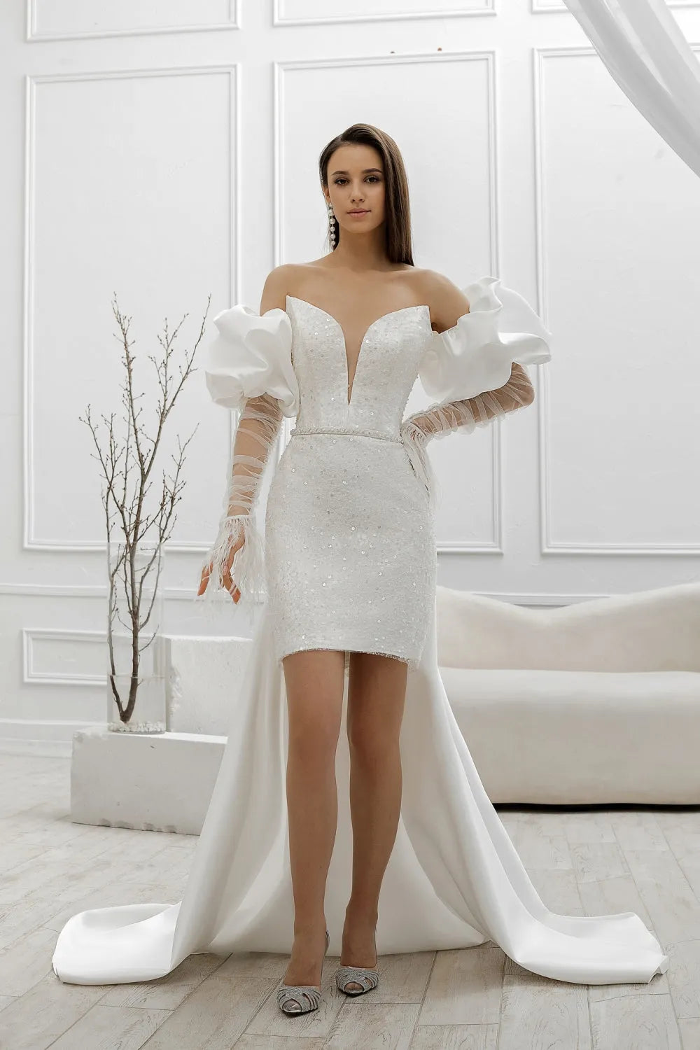 Sexy Mermaid Wedding Dresses V Neck Stain Sequins Bridals Party Gowns Sweep Train Puff Sleeves Brides vestidos de novia White 26W