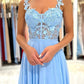 Blue Evening Dress A-Line Chiffon Long Prom Dress Lace Appliques Sweetheart Illusion See-Through Formal Party Gowns