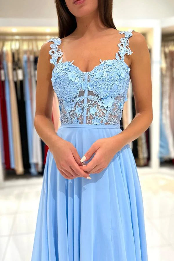 Blue Evening Dress A-Line Chiffon Long Prom Dress Lace Appliques Sweetheart Illusion See-Through Formal Party Gowns