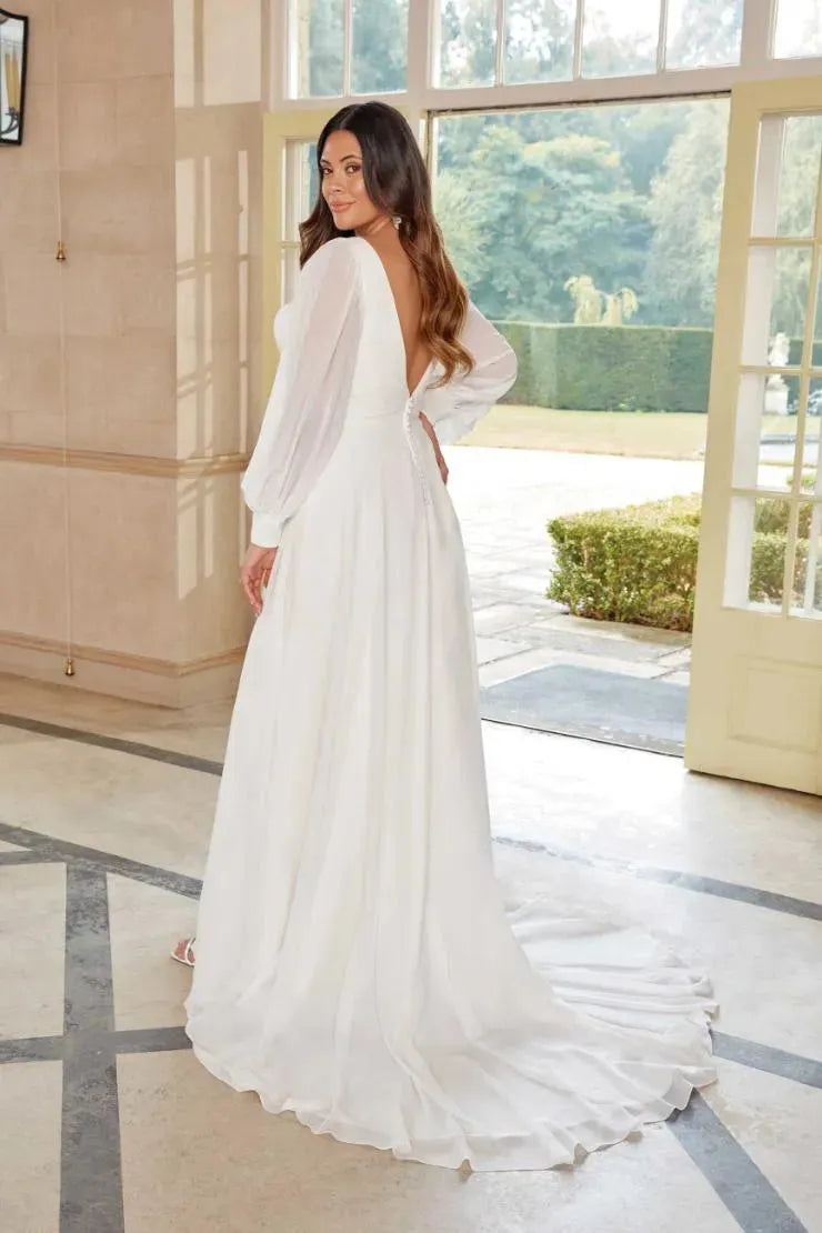 Elegant Wedding Dress Organza Tulle V Neck Full Sleeve Backless Simple Wedding Gown Robe De Mariee Custom Made For Women 14w