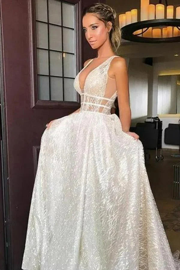 Gaun pengantin bohemia bohemia berpotongan rendah v-neck glitter lengan gaun pengantin mengkilap a-line pengantin gaun vestidos de novia