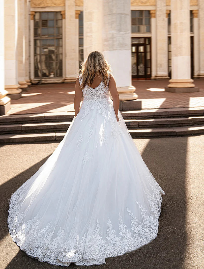 Vestidos de noiva de tamanho grande sem mangas, vestidos de noiva em vistos de noiva, apliques de renda A-line vestidos de Novia Talla Grande