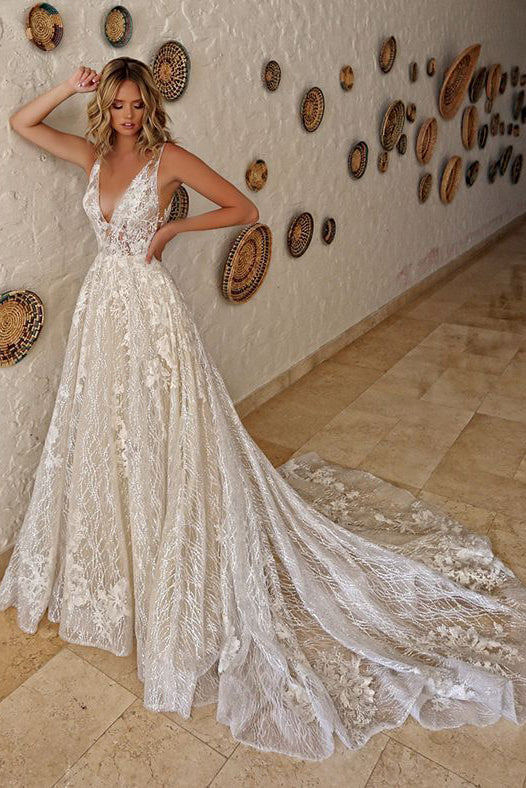 Ivory Lace Glitter Wedding Dresses Shiny Tulle Beach Bridal Dresses Boho Elegant Wedding Party Gowns Open Back Long Train