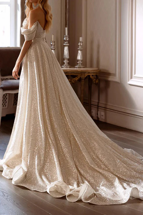 Off the Schulter Pailletten Glitte Brautkleider für Frauen Schatz Side Slit Hochzeitskleider a-line Court Brautkleid