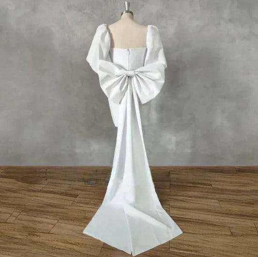 Robe de mariée courte plissée, manches bouffantes, avec nœud, gaine au-dessus du genou, Mini robe de mariée sur mesure