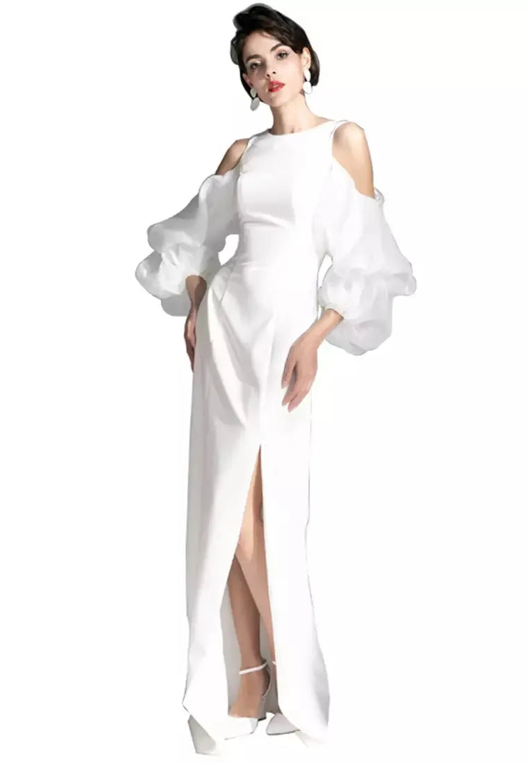 Banquet Evening Dress White Women Luxury Off Shoulder Puff Sleeve Wedding Dresses Elegant Sexy Slit Long Prom Party vestido