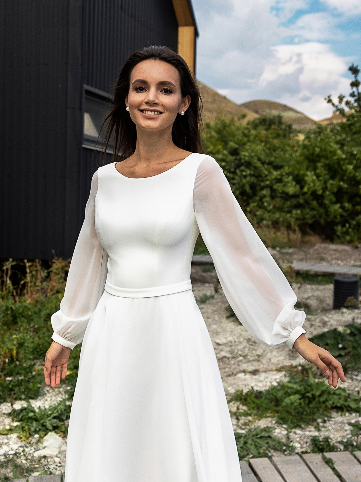 Robe De mariée trapèze en mousseline De soie, Simple, col rond, manches longues, style bohème, élégante, sur mesure