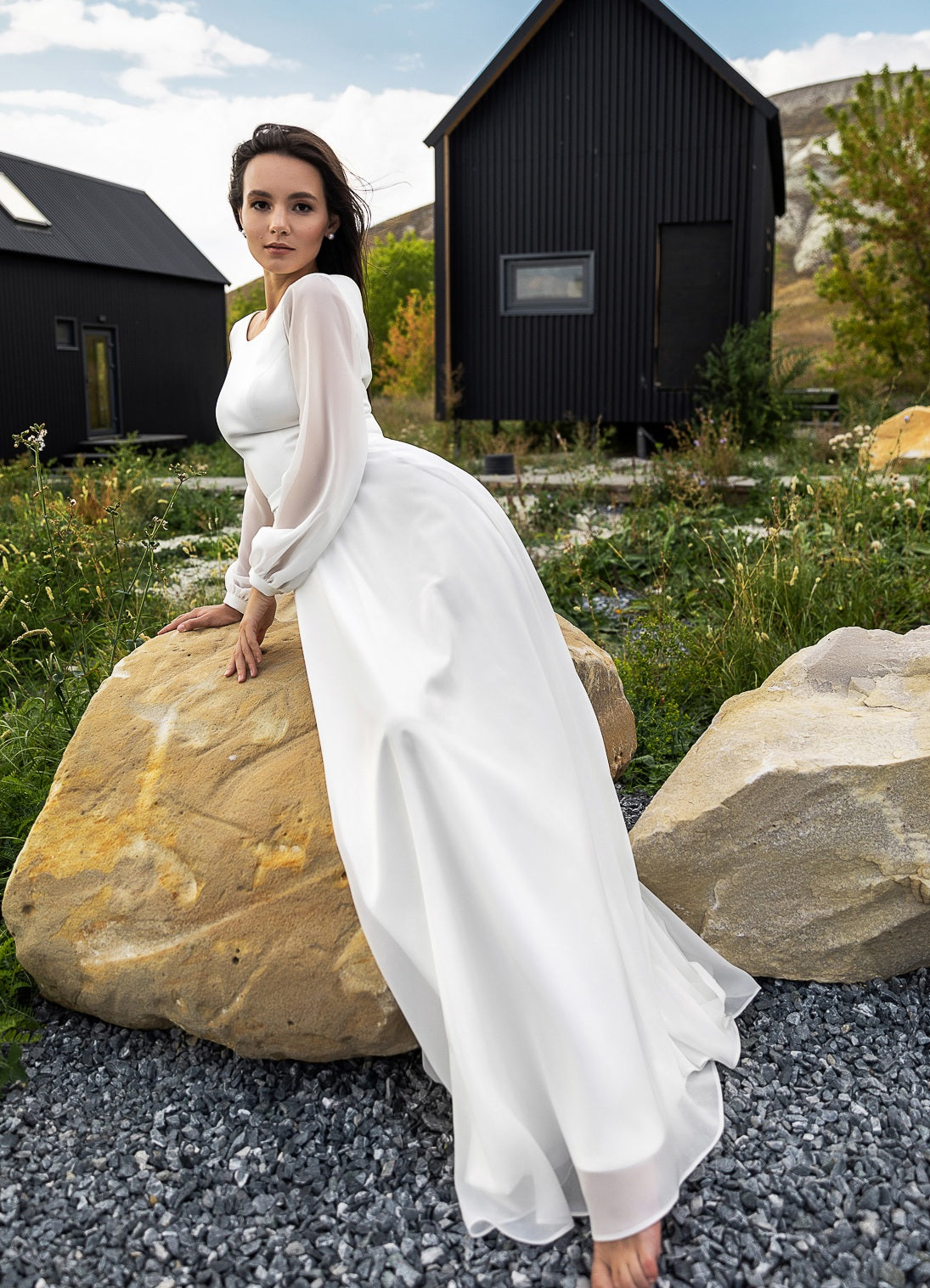 Vestido De novia De gasa sencillo, línea A, cuello redondo, manga larga, bohemio, elegante, hecho a medida