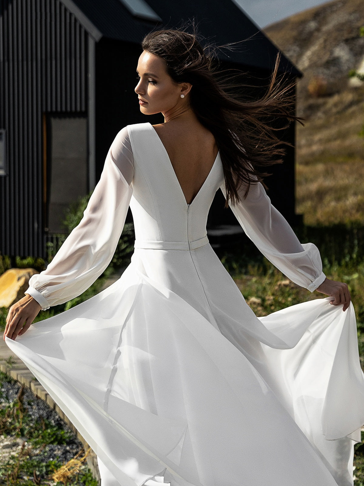 Vestido De novia De gasa sencillo, línea A, cuello redondo, manga larga, bohemio, elegante, hecho a medida