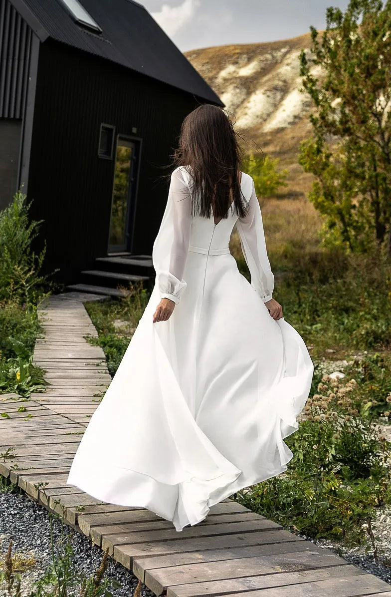 Simple A Line Chiffon Wedding Dress Scoop Neck Long Sleeves Bohemian Bridal Dress Elegant Robe De Mariree Custom Made White 26w