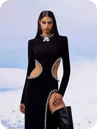 Winter Black Dress Women Sexy Hollow Out High Slit Fashion Party Wear Bandage Dress With Long Sleeve