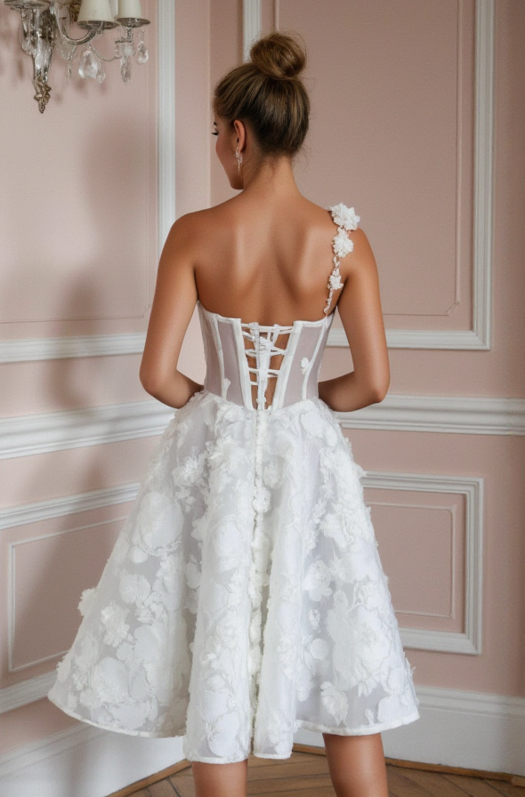 Modern Short Wedding Dress and Mini Dress with a One-Shoulder Design embroidery mesh New Satin Short Wedding Dress silk