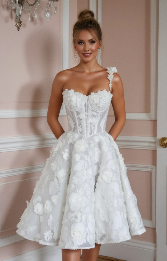 Modern Short Wedding Dress and Mini Dress with a One-Shoulder Design embroidery mesh New Satin Short Wedding Dress silk