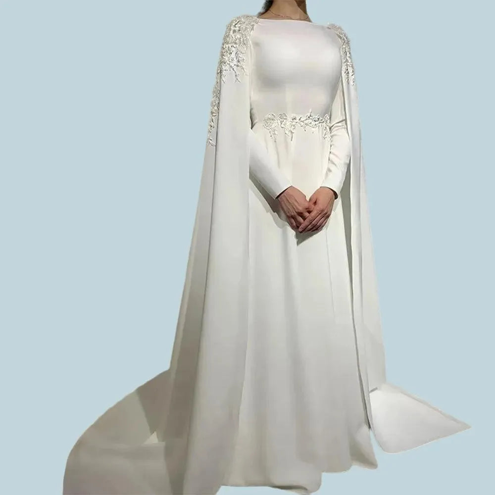 Muslim Wedding Dress | Women's Arabic Muslim Wedding Dresses Cape Long Sleeves A Line High Neck Bride Gowns Lace Appliques Sweep Train Vestido De Novia Ivory 14w