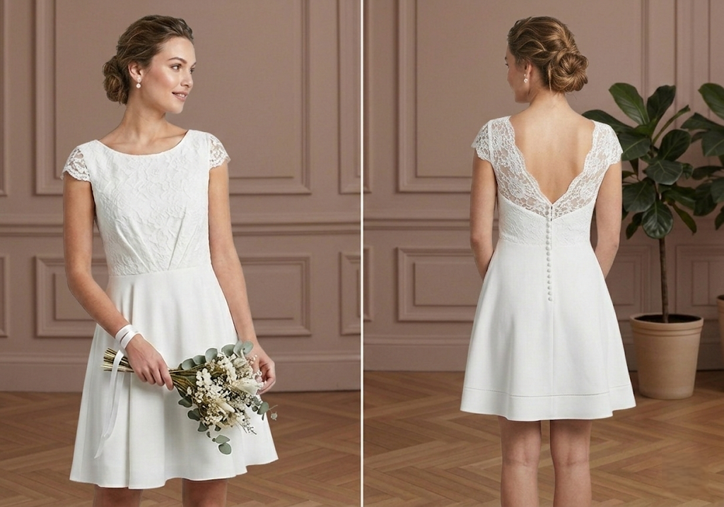 Cap Sleeve Wedding Dress Above the Knee Short Alternative White