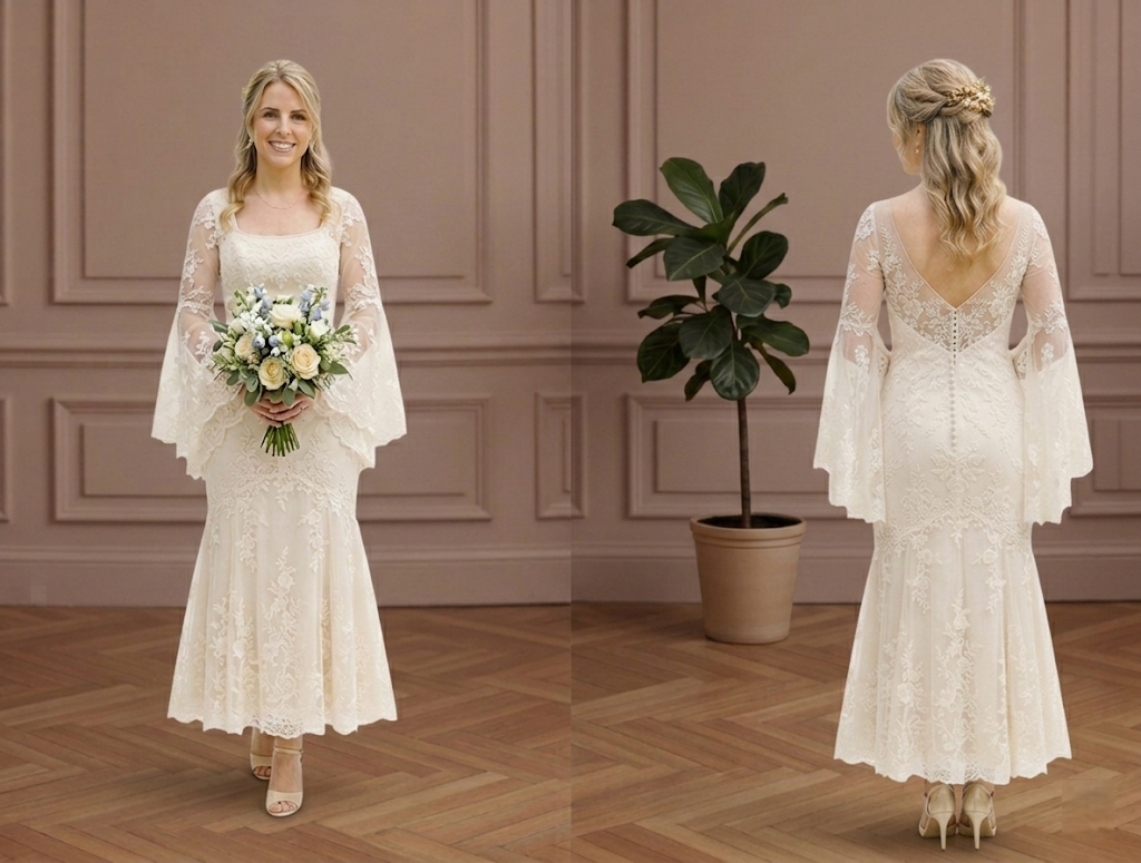 Mermaid Sleeve Wedding Dress Trumpet Style Short Lace Overlay