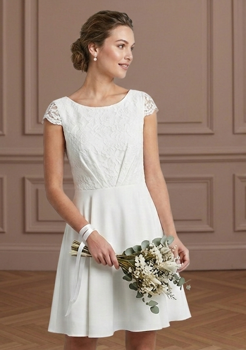 Cap Sleeve Wedding Dress Above the Knee Short Alternative White