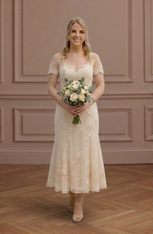 Illusion Sleeve Wedding Dress Sheer Lace Short Bodice Elegant