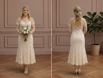 Illusion Sleeve Wedding Dress Sheer Lace Short Bodice Elegant