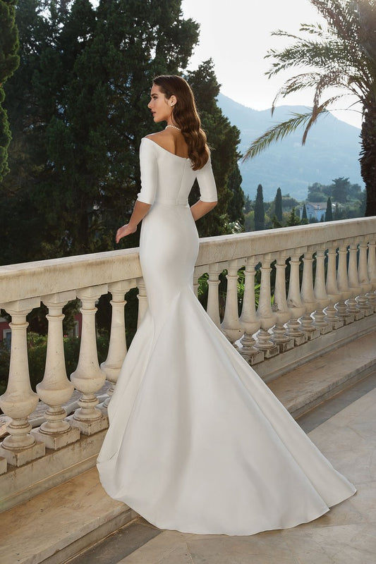 RODDRSYA Simple Satin Micivate Abito da sposa a mezza vera, elegante scollo a V fuori dalla spalla Trouwjurk Retro Zipper Back Bride Party