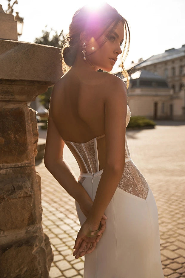 Vestidos de novia bohemios de sirena, sexys, sin mangas, escote con forma de corazón de encaje, vestidos de fiesta de novia con abertura lateral en la pierna, vestidos de noche de satén para novia