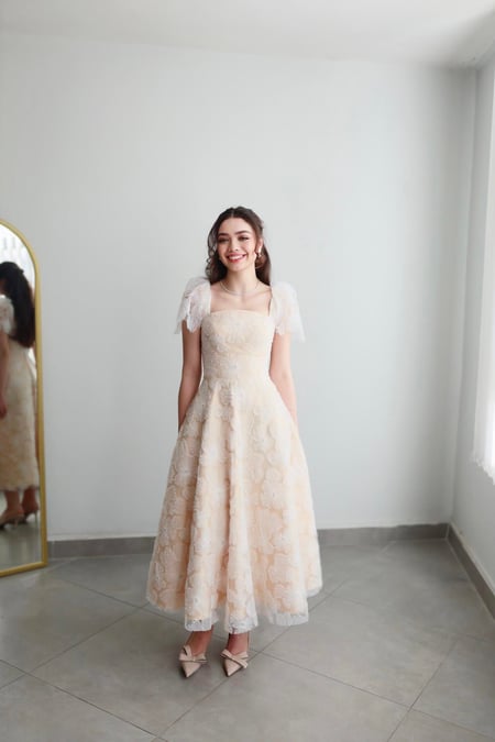 Elegant A-Line Midi Wedding Party Dresses Square Collar Beading FLowers Short Sleeves Brides Evening Dress for Women