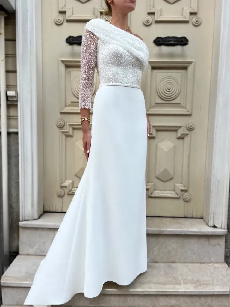 Glitter Mermaid Elegant Wedding Dresses Pleated Off Shoulder Bodycon Bridal Gowns Sparkly Elastic Satin Bride Dress 26w Satin