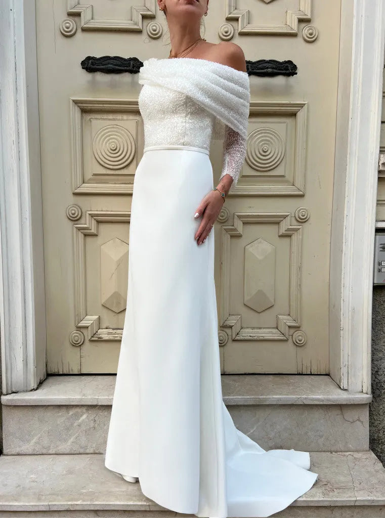 Glitter Mermaid Elegant Wedding Dresses Pleated Off Shoulder Bodycon Bridal Gowns Sparkly Elastic Satin Bride Dress 26w Satin